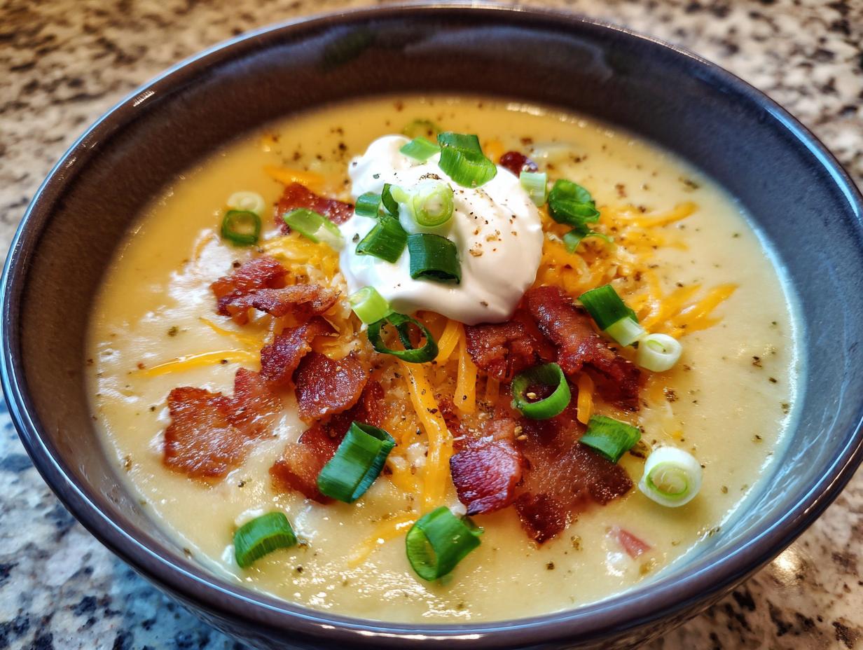 A close-up of a bowl of creamy loaded baked potato soup topped with sour cream, bacon bits, shredded cheddar, and green onions.