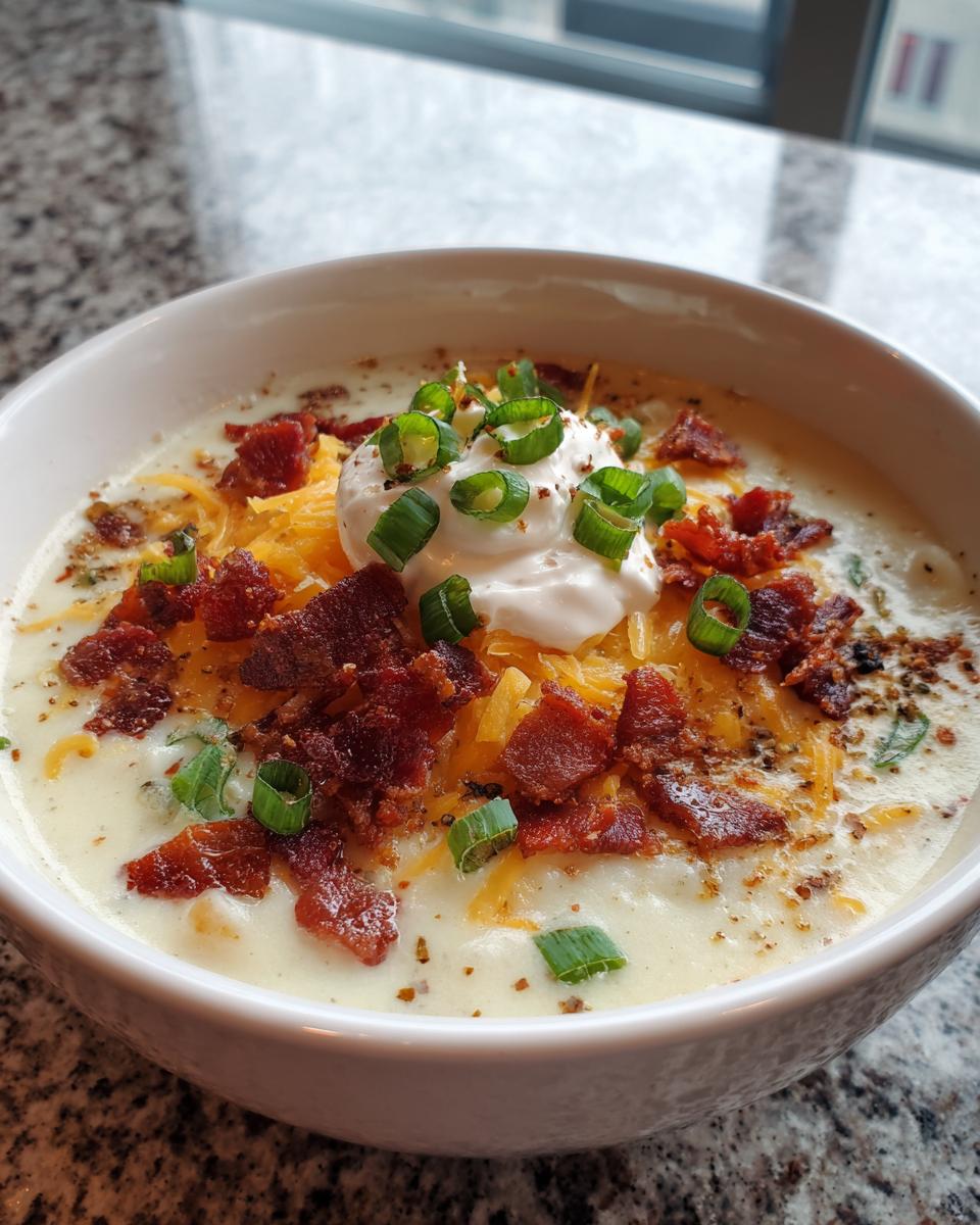 A close-up of a creamy bowl of potato soup recipe topped with cheddar cheese, bacon bits, sour cream, and green onions.