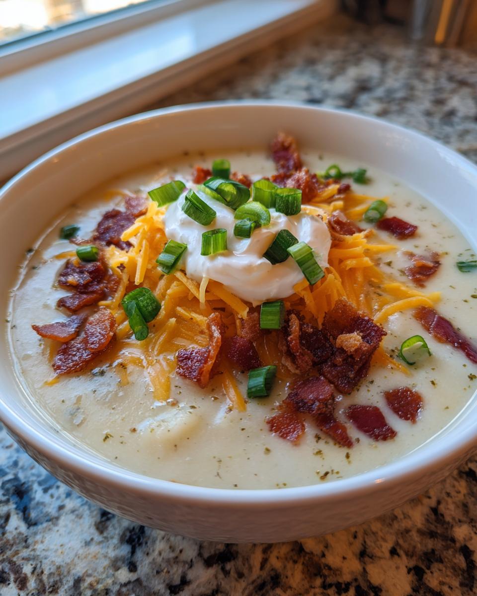 A close-up of a creamy bowl of potato soup recipe topped with shredded cheese, bacon, sour cream, and green onions.