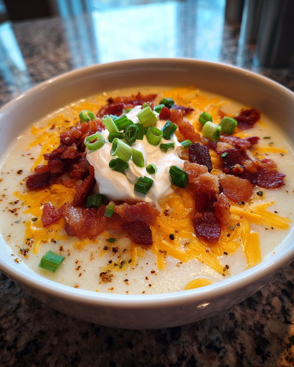 Close-up of a bowl of creamy potato soup recipe topped with sour cream, bacon, cheese, and green onions.