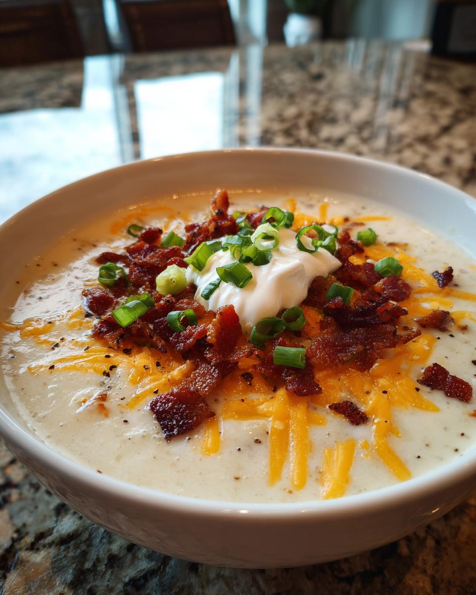 A close-up of a creamy potato soup recipe topped generously with bacon, shredded cheddar, sour cream, and chives.