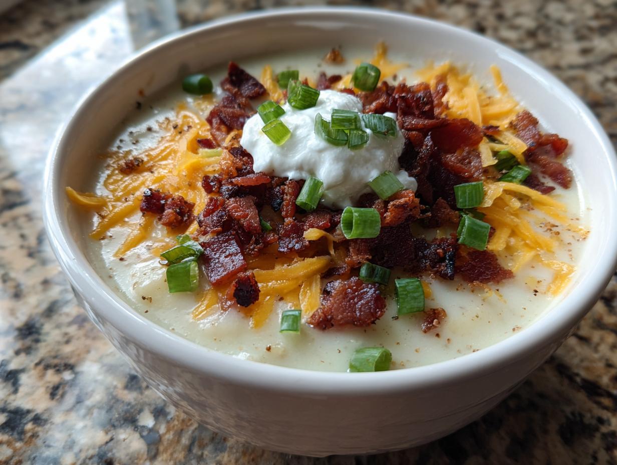 Close-up of a creamy bowl of potato soup recipe topped with shredded cheese, bacon, sour cream, and green onions.