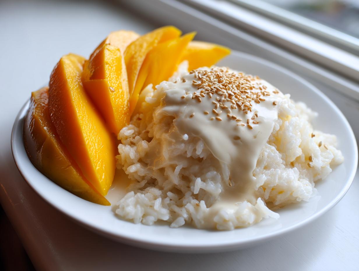 A close-up of delicious mango sticky rice served on a white plate, topped with coconut cream and toasted sesame seeds.