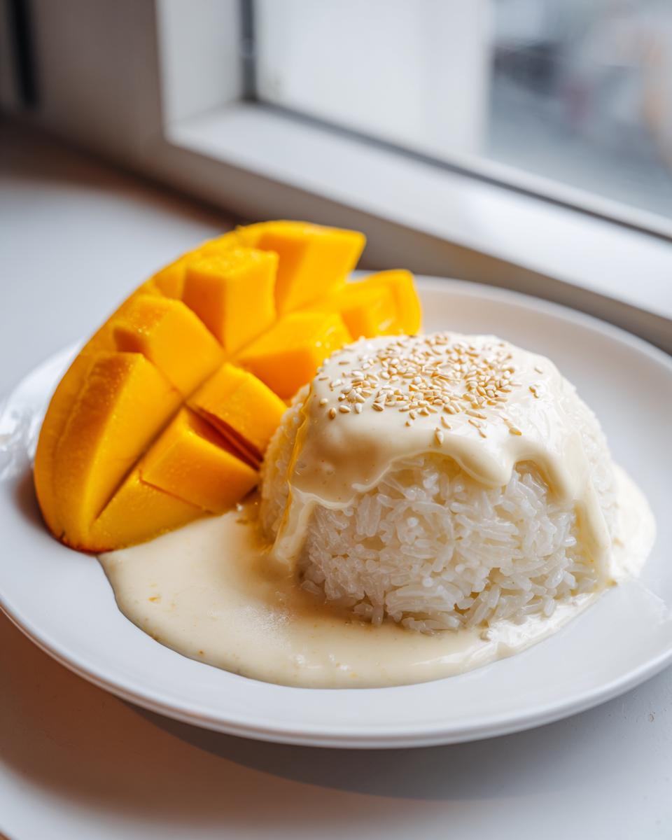 A serving of mango sticky rice with sweet coconut cream sauce drizzled over the rice mound and topped with sesame seeds.