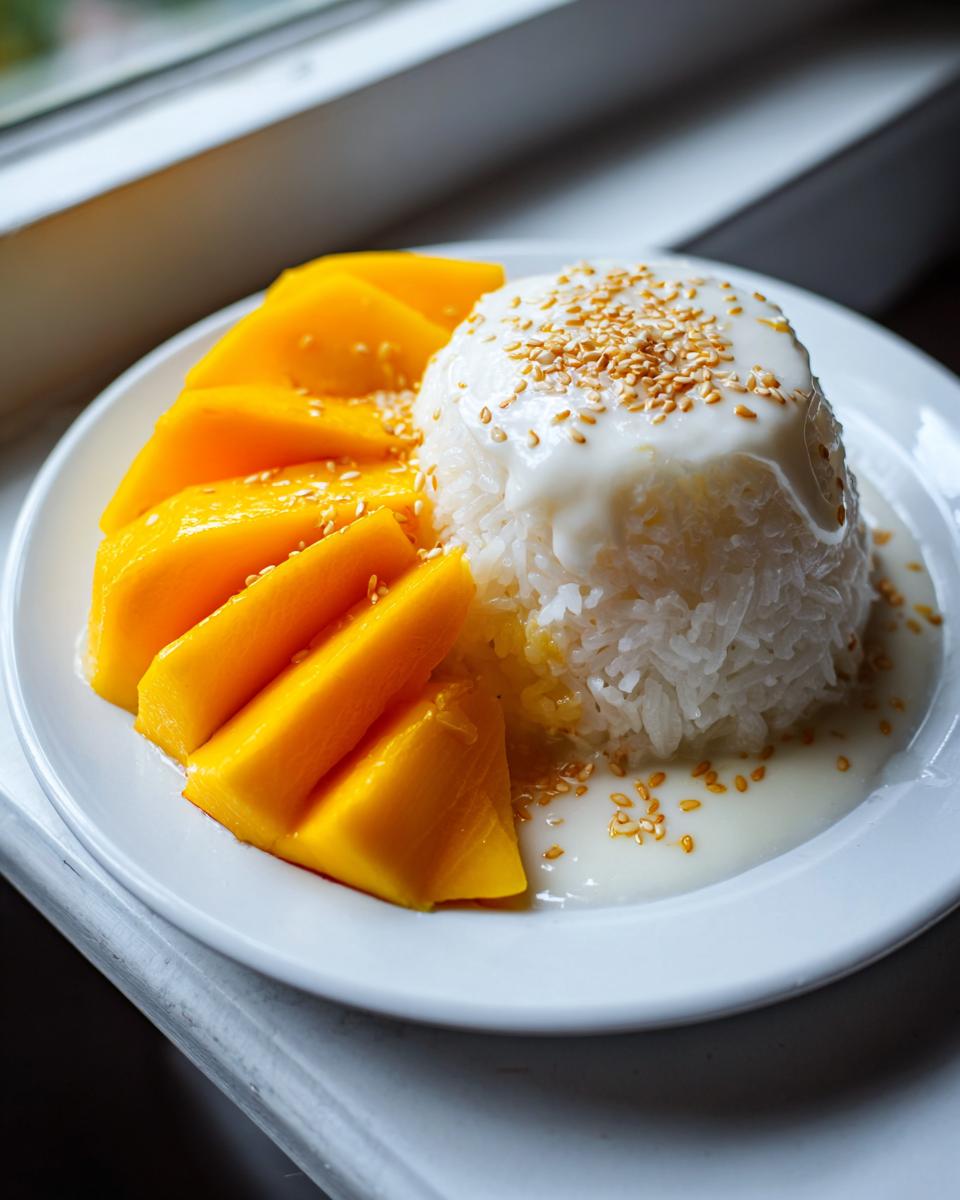 A serving of mango sticky rice featuring bright yellow mango slices next to a mound of white sticky rice topped with coconut cream and toasted sesame seeds.