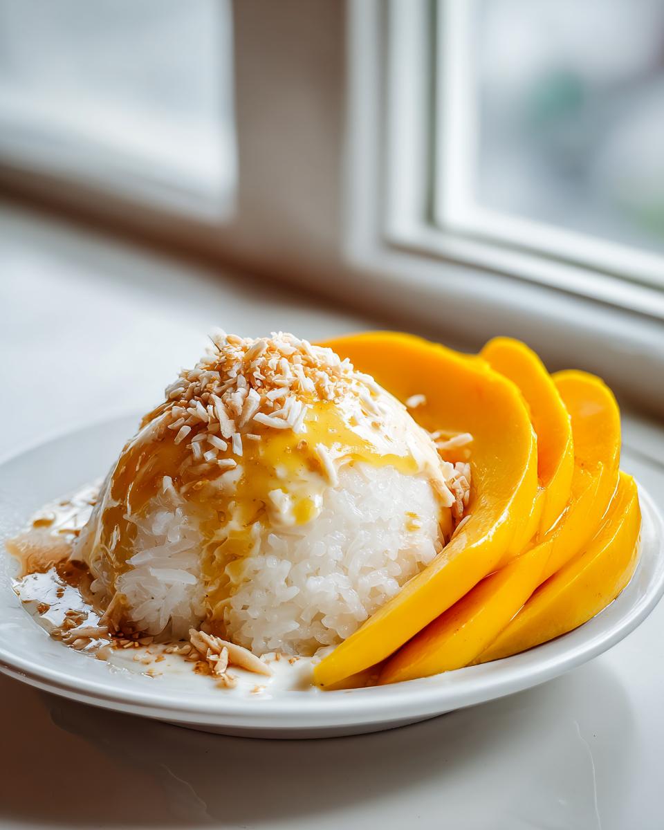 A serving of mango sticky rice with sliced fresh mango, drizzled with coconut sauce and topped with toasted coconut flakes.