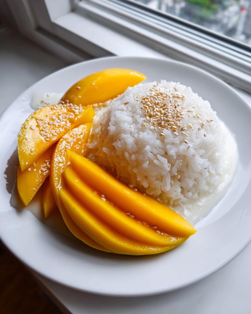 A beautiful plate of mango sticky rice featuring bright yellow mango slices next to sweet sticky rice topped with toasted sesame seeds.