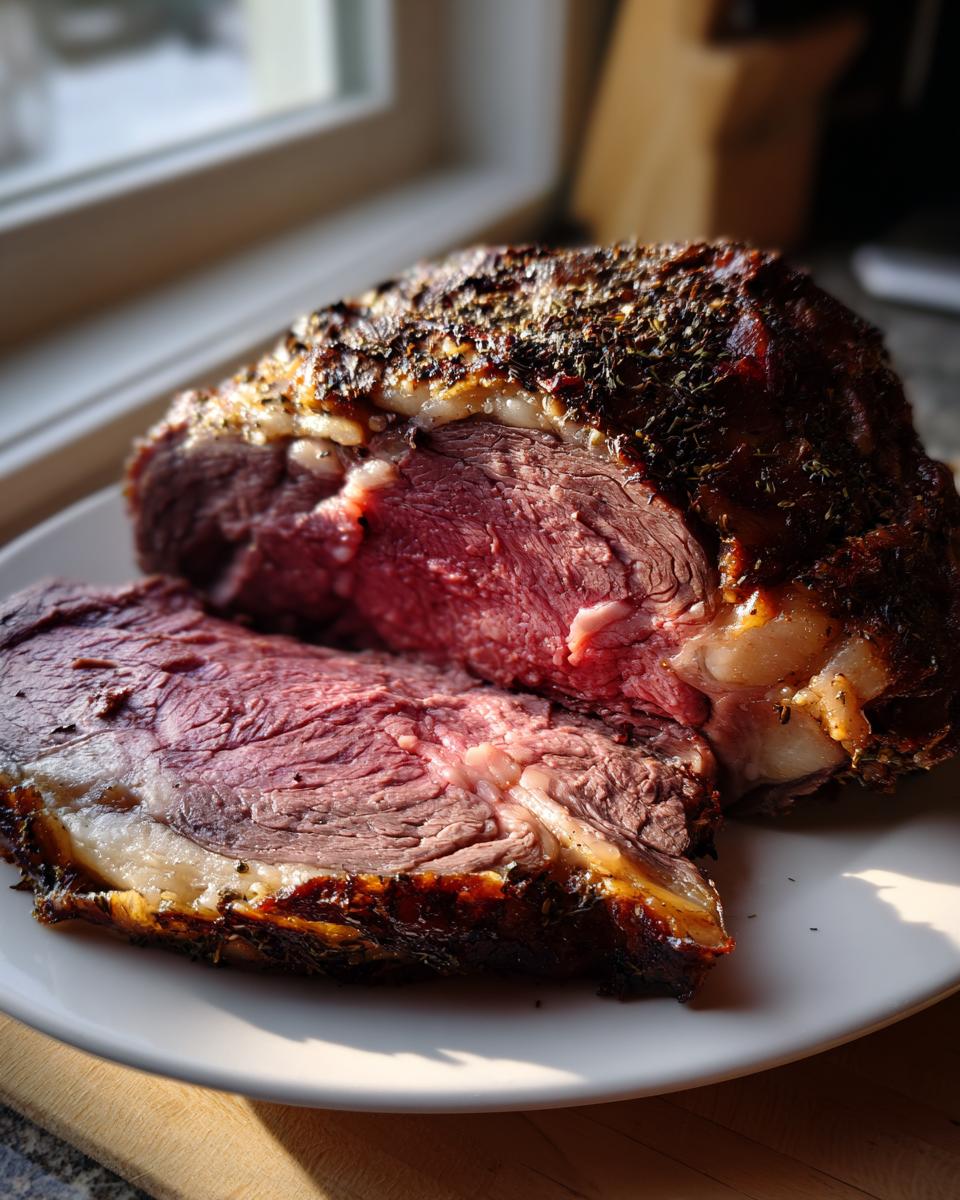 Close-up of a juicy, medium-rare prime rib recipe roast, sliced to show the pink center and herb crust.