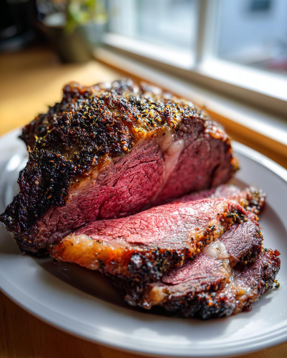 Close-up of a juicy, medium-rare prime rib recipe roast sliced on a white plate, showing a dark herb crust.