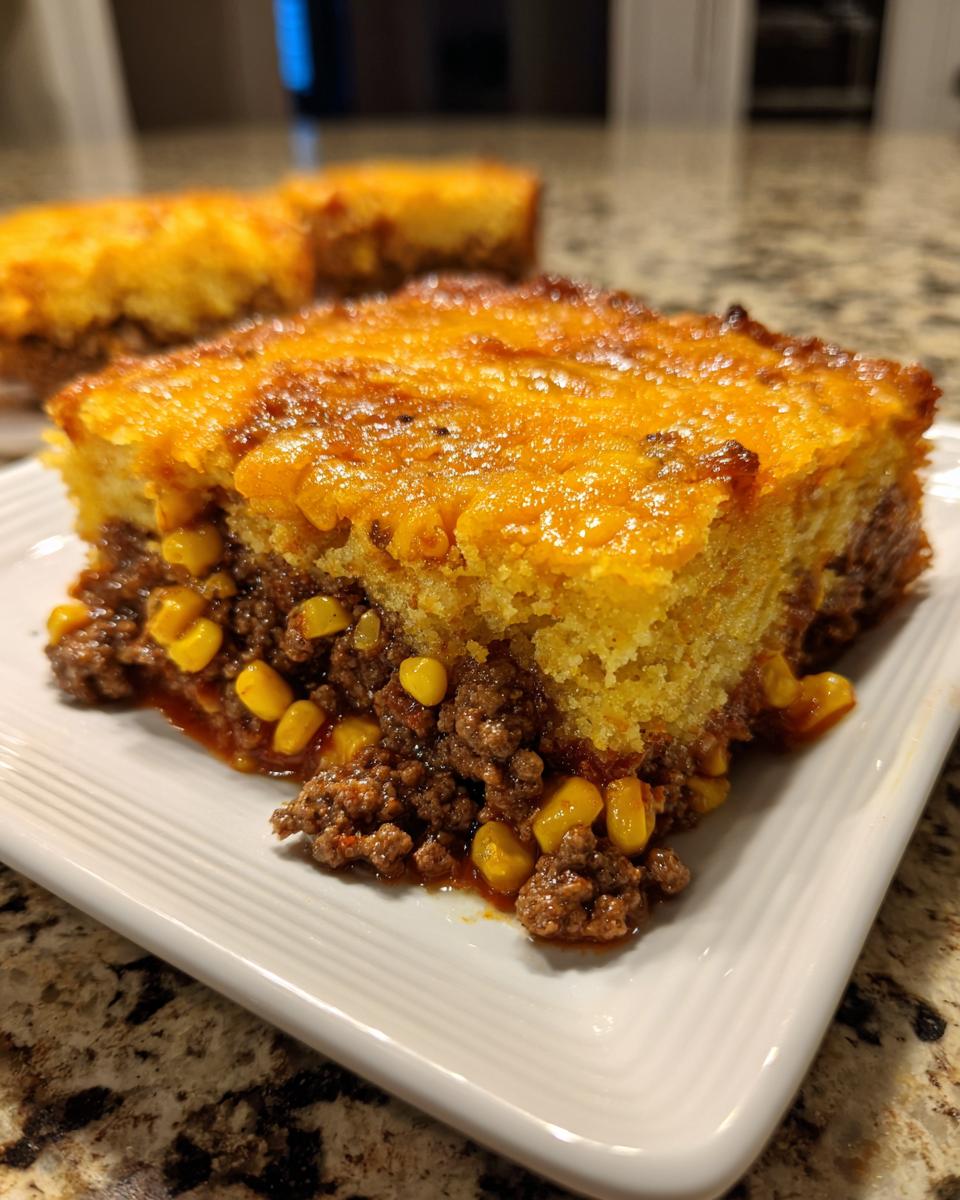 Close-up of a square slice of Mexican cornbread casserole showing a savory ground beef and corn filling topped with golden cornbread.
