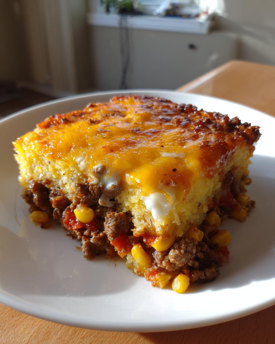 A close-up slice of Mexican cornbread casserole featuring a cheesy top layer over a savory ground beef, corn, and tomato filling.