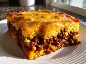 A thick slice of Mexican cornbread casserole showing layers of seasoned ground meat, corn, and a cheesy cornbread top.