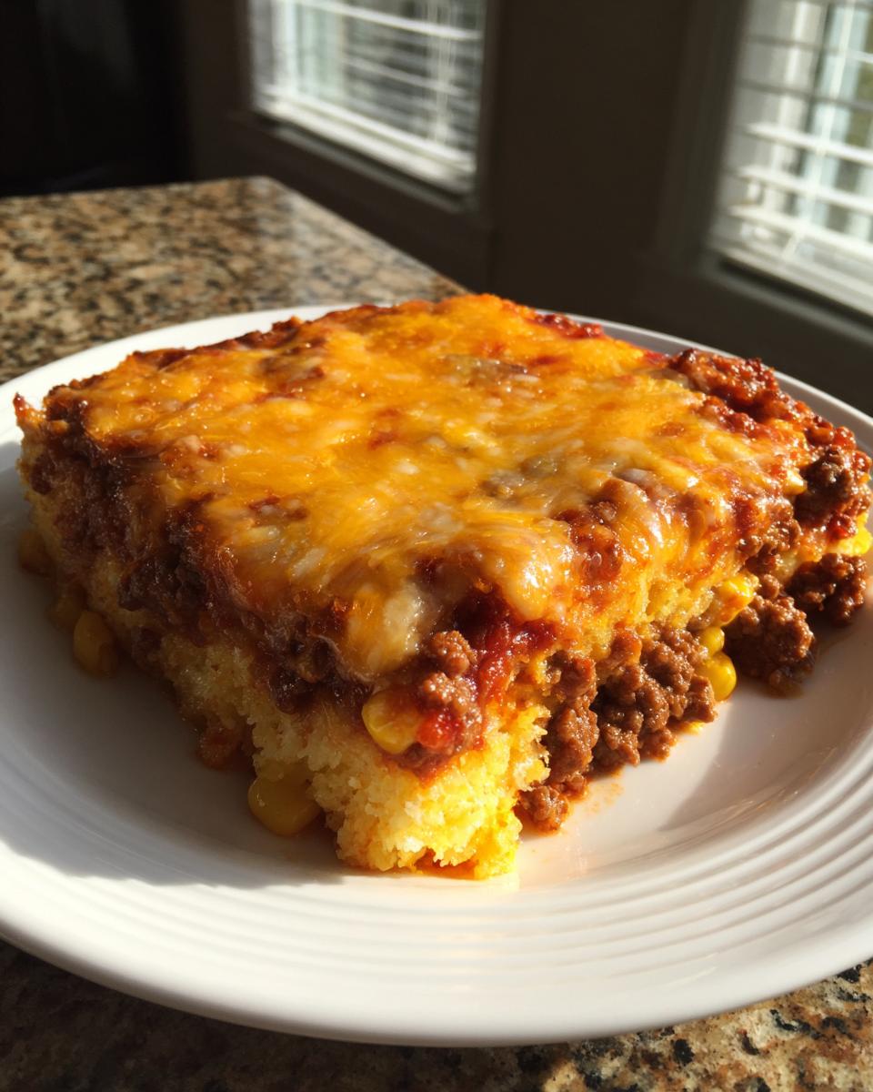 A serving of Mexican cornbread casserole showing layers of cornbread, seasoned ground beef, and melted cheddar cheese.