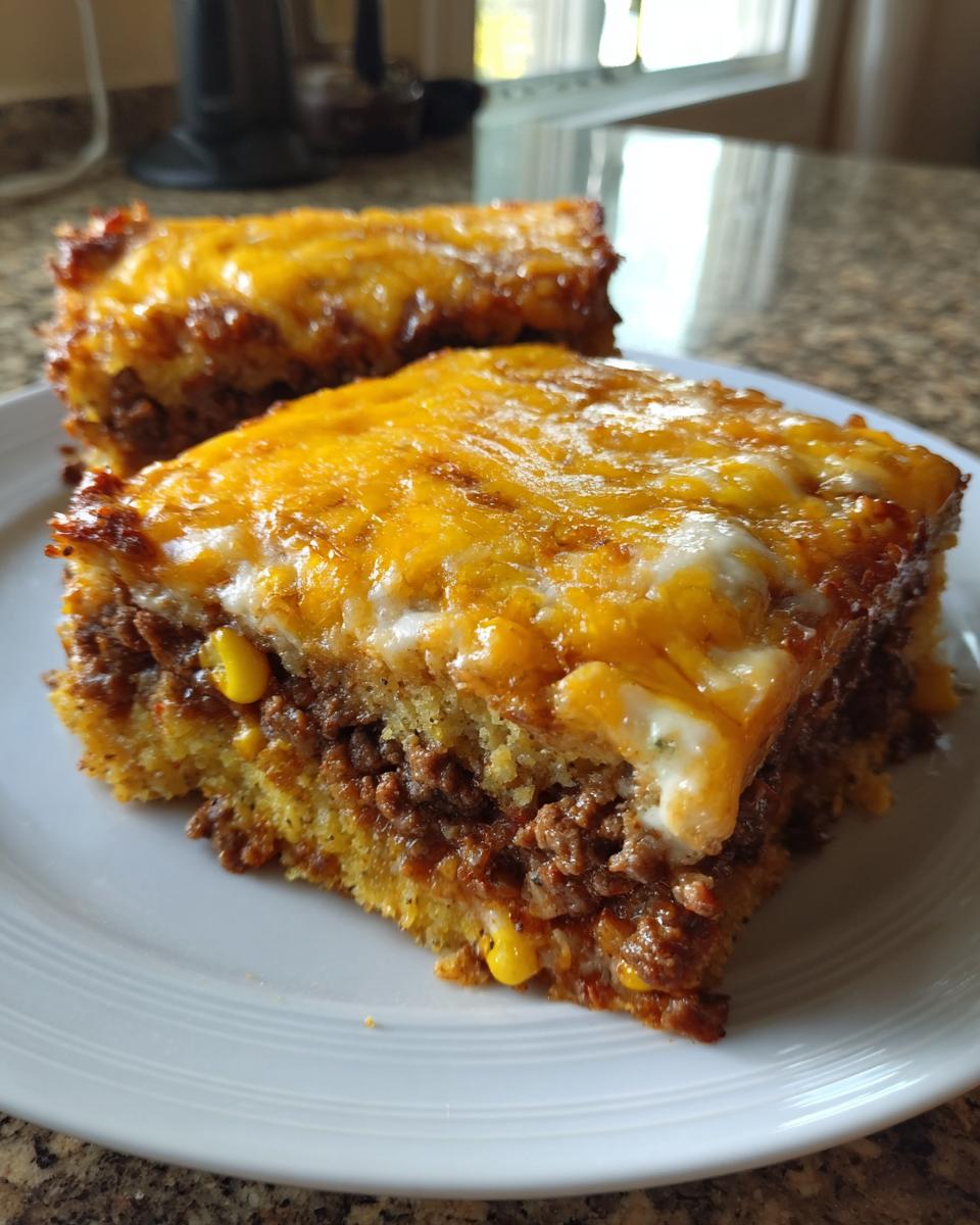 Two slices of Mexican cornbread casserole featuring a layer of seasoned ground meat and corn topped with melted cheddar cheese.