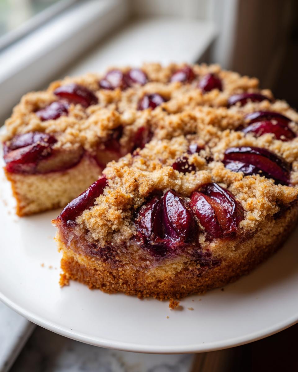 A moist, round plum cake with a thick, golden crumble topping and baked plum halves, with one slice removed.