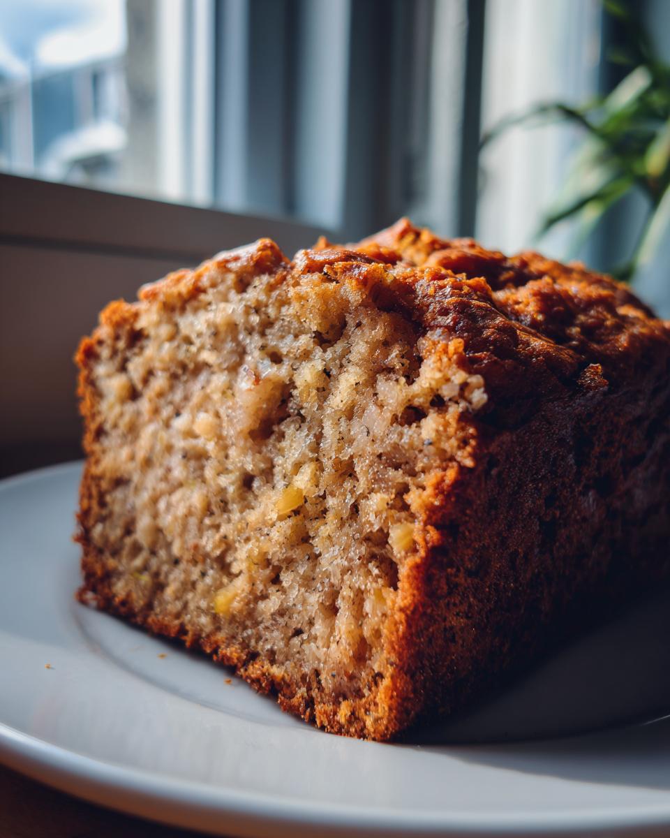 A close-up shot of a thick slice of moist banana zucchini bread on a white plate, showing its texture.