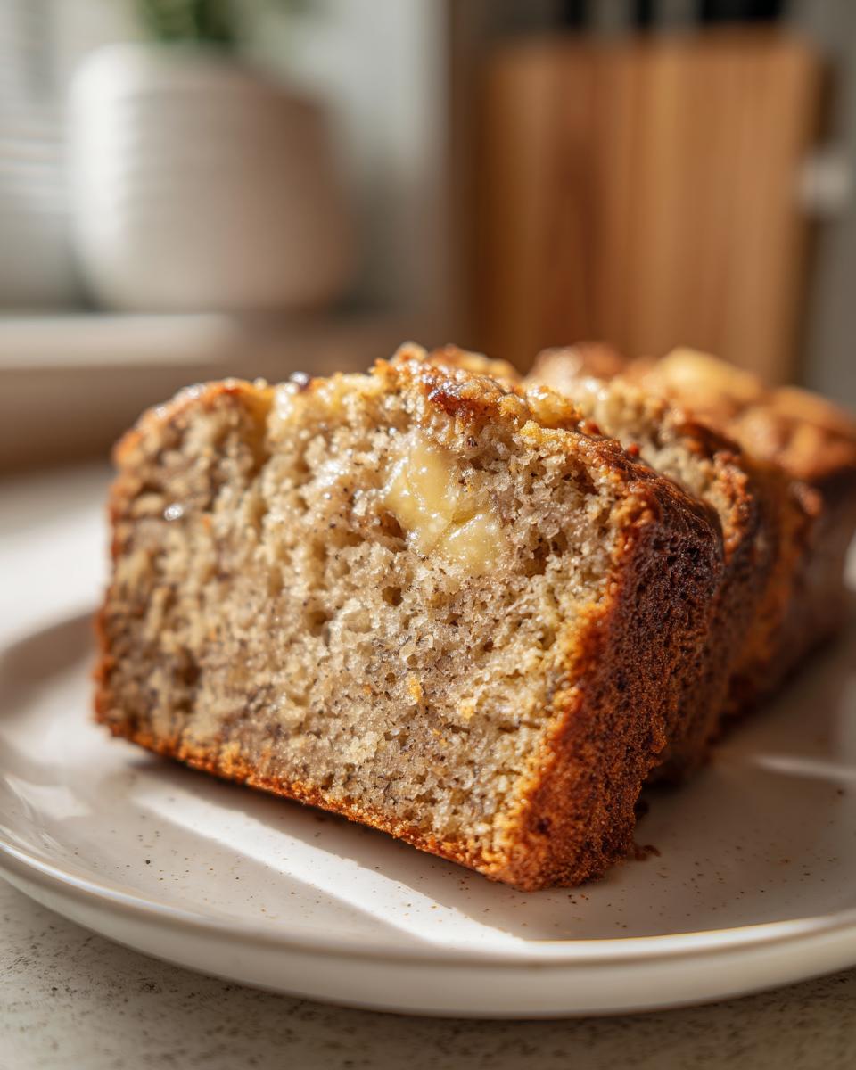 Close-up of a moist slice of banana zucchini bread showing soft texture and chunks of banana.