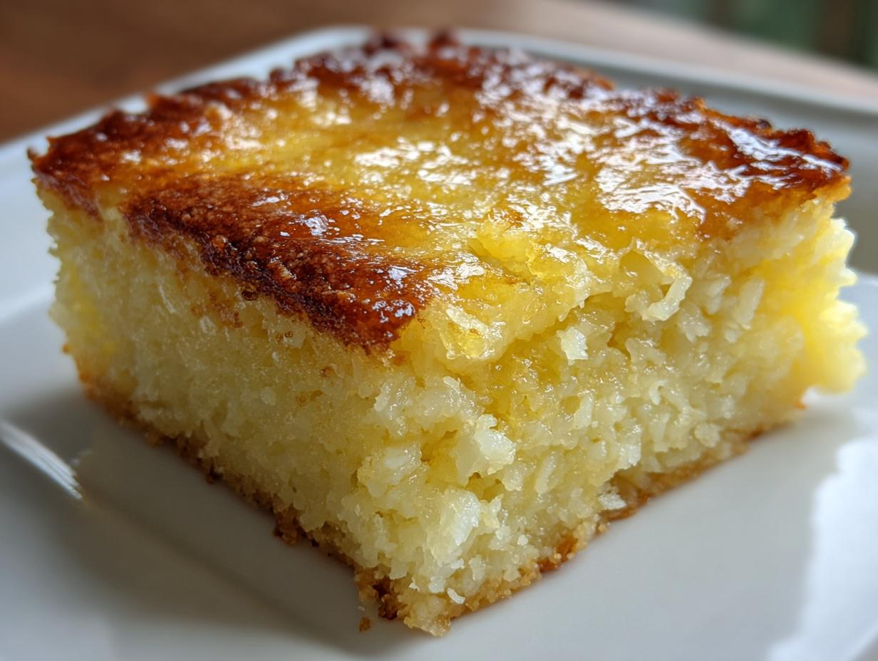 Close-up of a moist, square slice of cassava cake showing the shredded texture and a shiny, caramelized golden-brown top.
