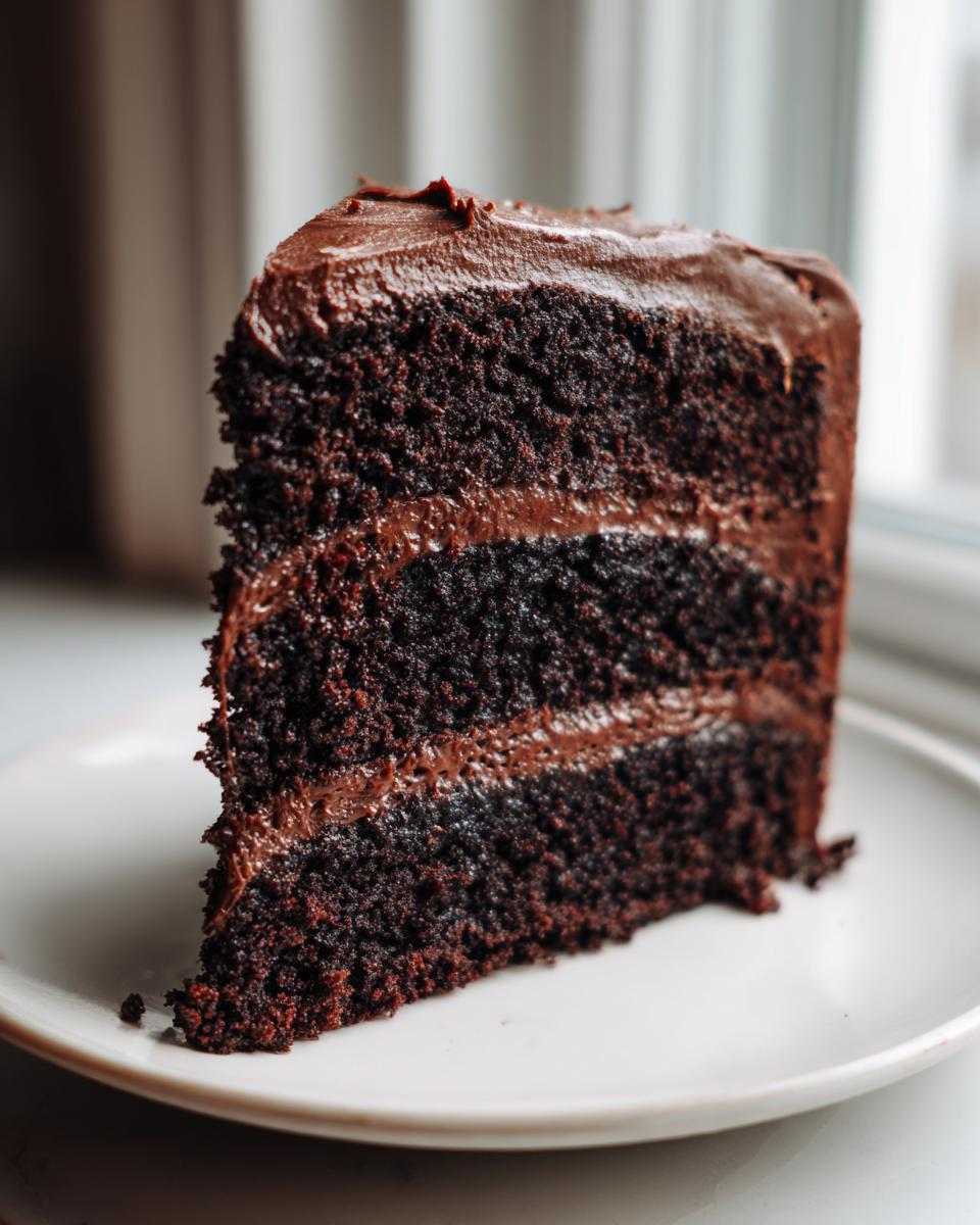 A tall, moist slice of chocolate fudge cake with three layers and thick chocolate frosting, served on a white plate.