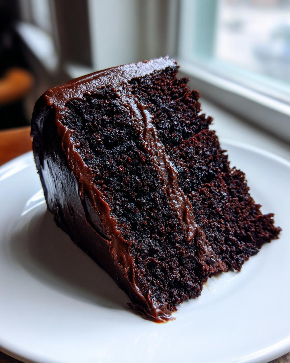 A close-up of a rich, moist slice of chocolate fudge cake covered in thick, glossy chocolate frosting.