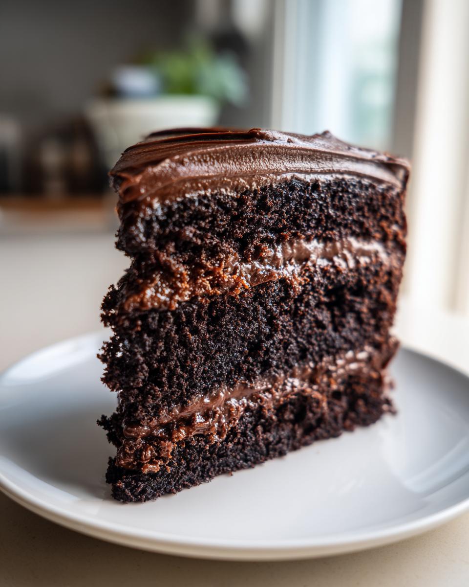 A tall, decadent slice of moist chocolate fudge cake with three layers and thick chocolate frosting.