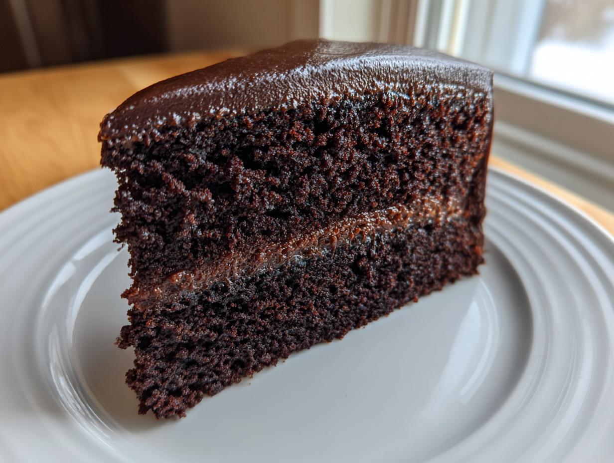 Close-up of a rich, dark slice of chocolate fudge cake with a layer of filling and shiny ganache topping.