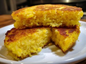Close-up of two halves of golden brown fried cornbread showing a moist, yellow, crumbly interior.
