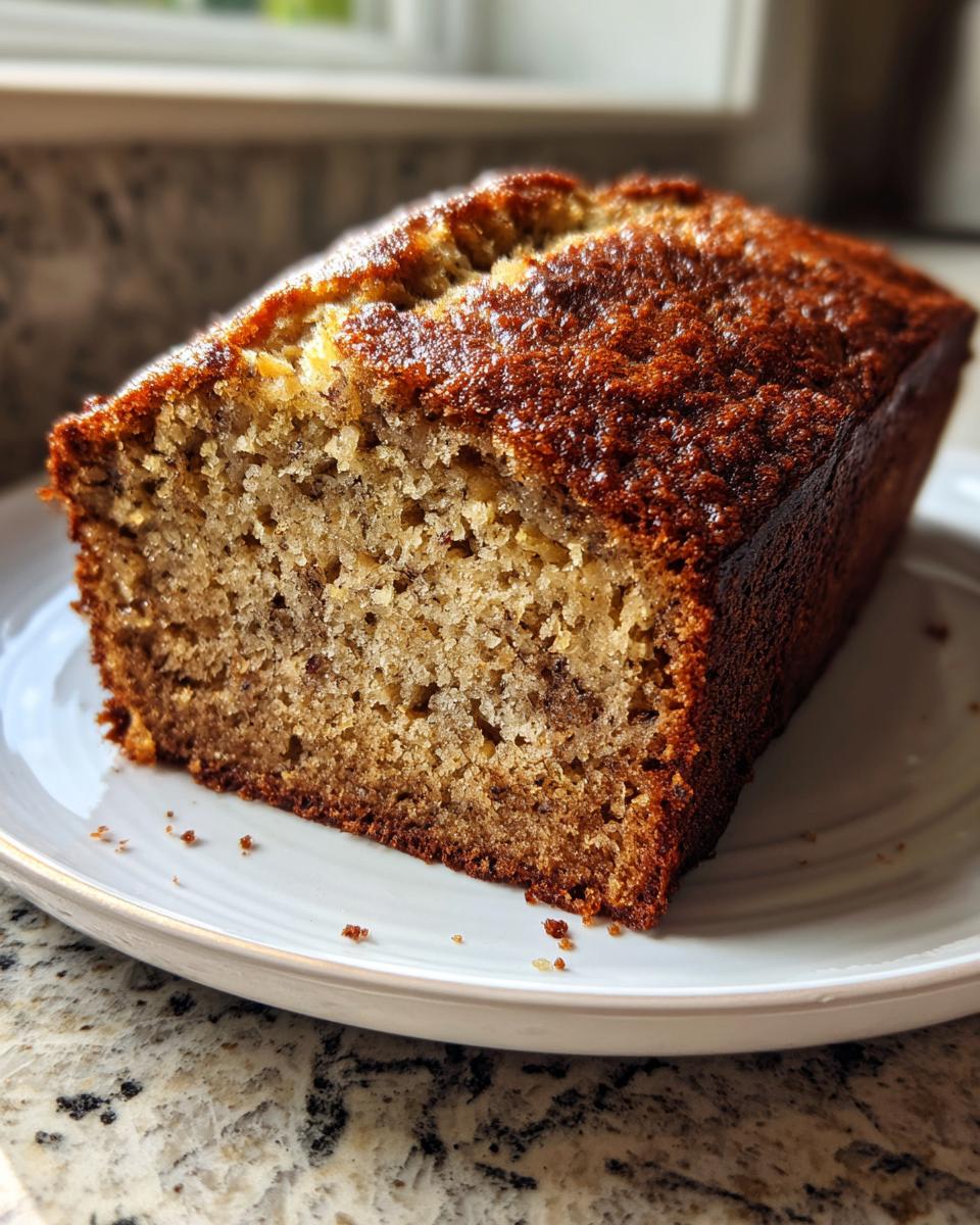 Close-up of a thick slice of moist greek yogurt banana bread with a dark, caramelized crust, resting on a white plate.