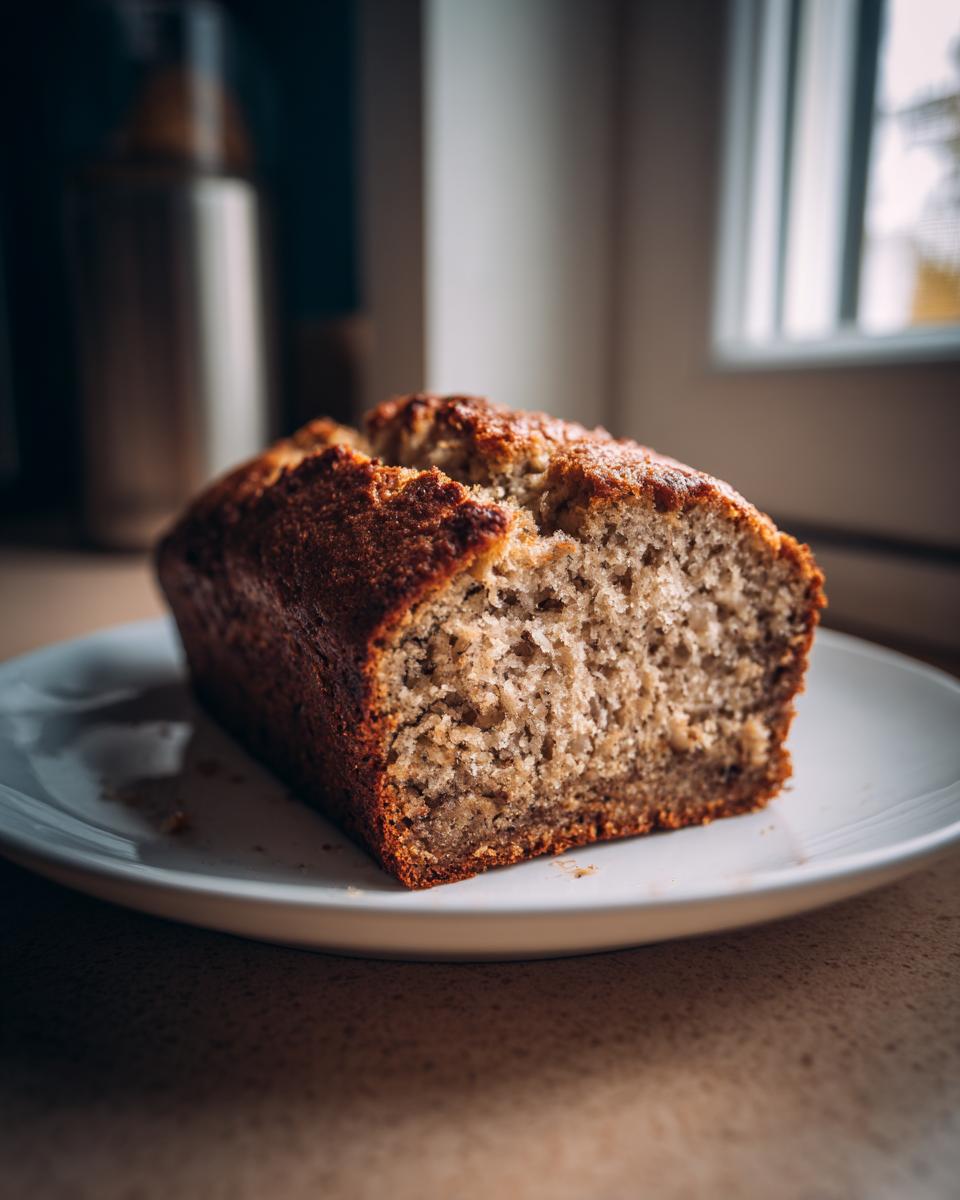 Close-up of a freshly baked slice of greek yogurt banana bread showing a moist crumb texture, resting on a white plate.