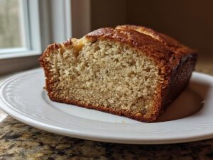 A thick slice of moist greek yogurt banana bread with a golden-brown crust, resting on a white plate.
