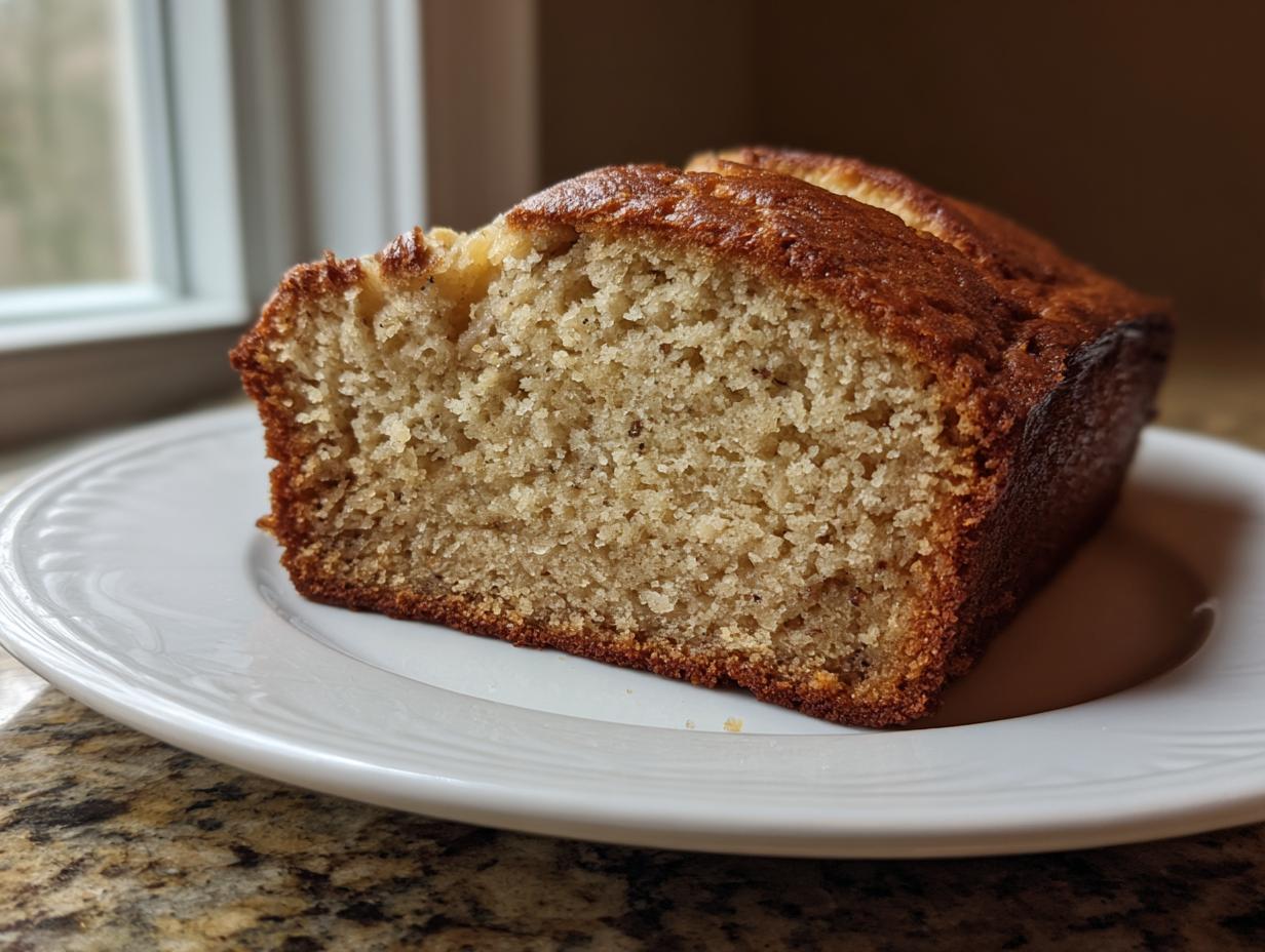 A thick slice of moist greek yogurt banana bread with a golden-brown crust, resting on a white plate.