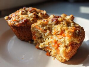 Close-up of a morning glory muffin broken in half showing moist texture, shredded carrots, and topped with pecans.