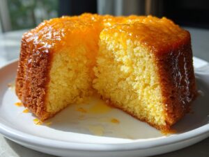 Close-up of a moist orange juice cake with a thick, shiny orange glaze, a slice cut out.