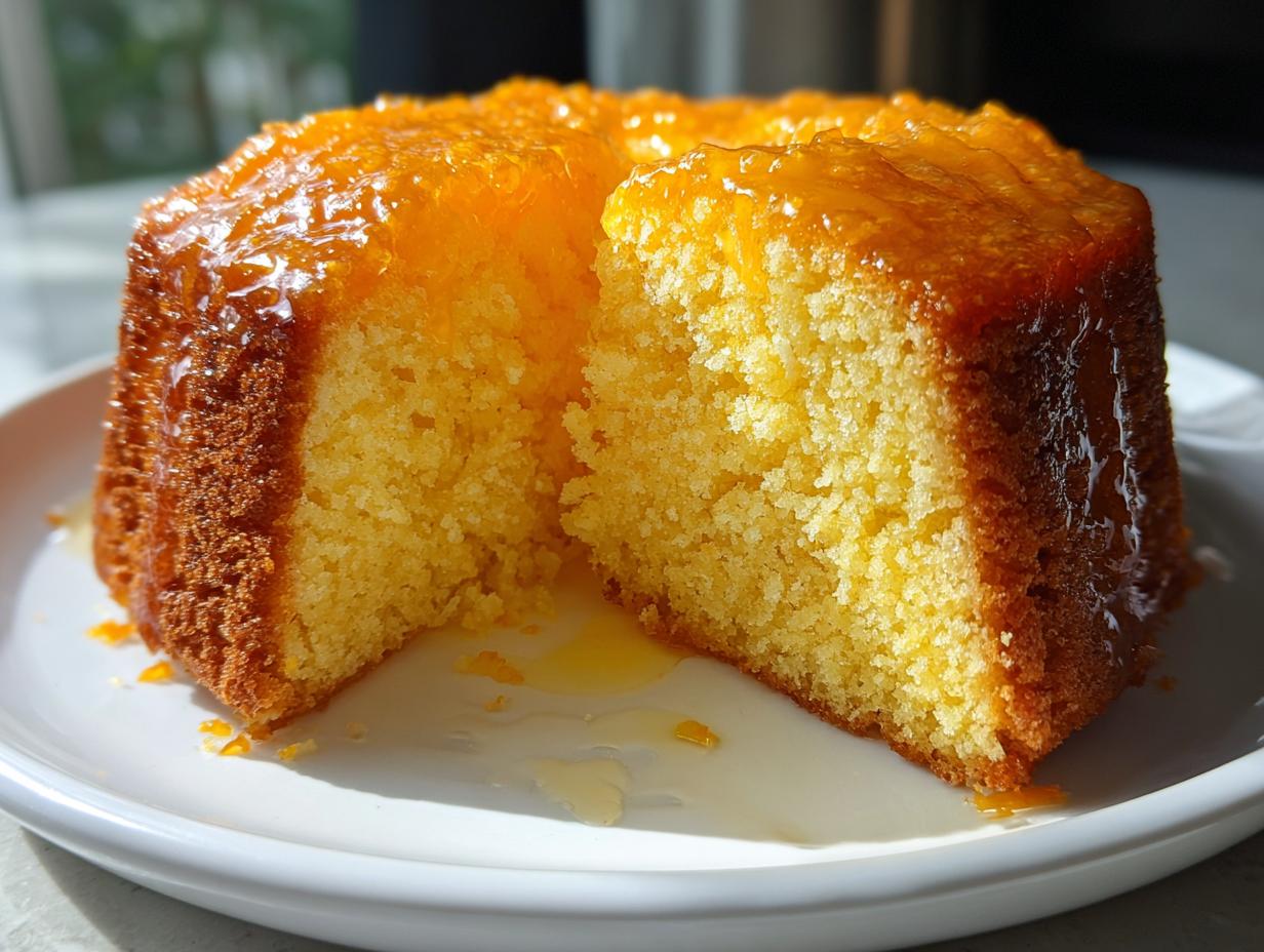 Close-up of a moist orange juice cake with a thick, shiny orange glaze, a slice cut out.
