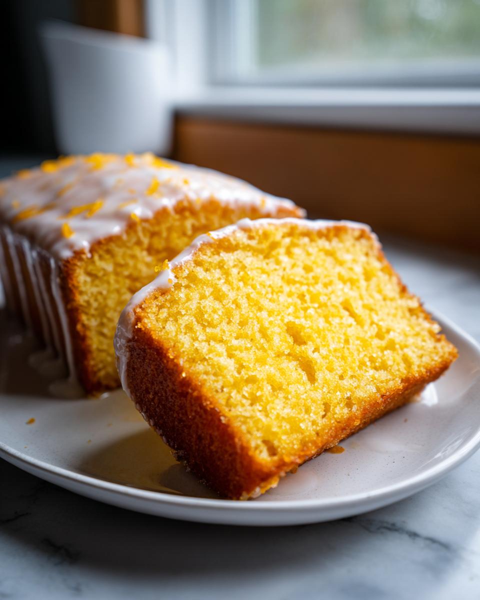 Close-up of a moist slice of orange juice cake with a white glaze and orange zest topping.