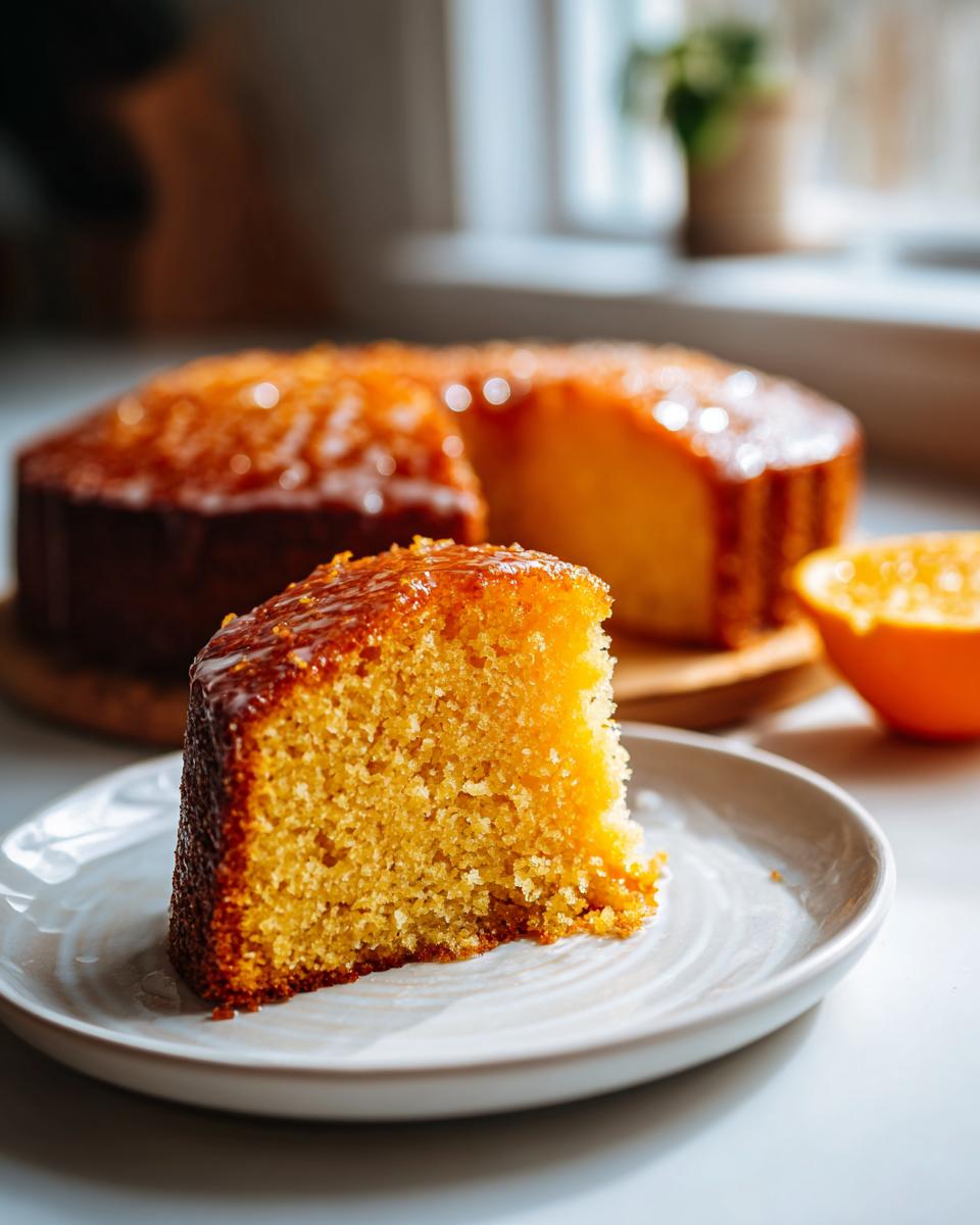 A close-up of a moist slice of orange juice cake with a shiny orange glaze, served on a plate.