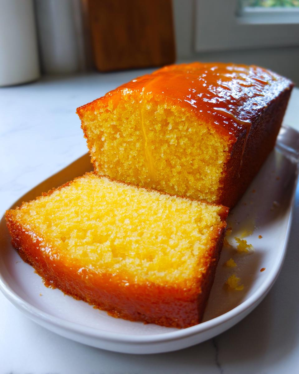Close-up of a moist orange juice cake loaf, with one thick slice cut and resting against it, covered in a shiny orange glaze.