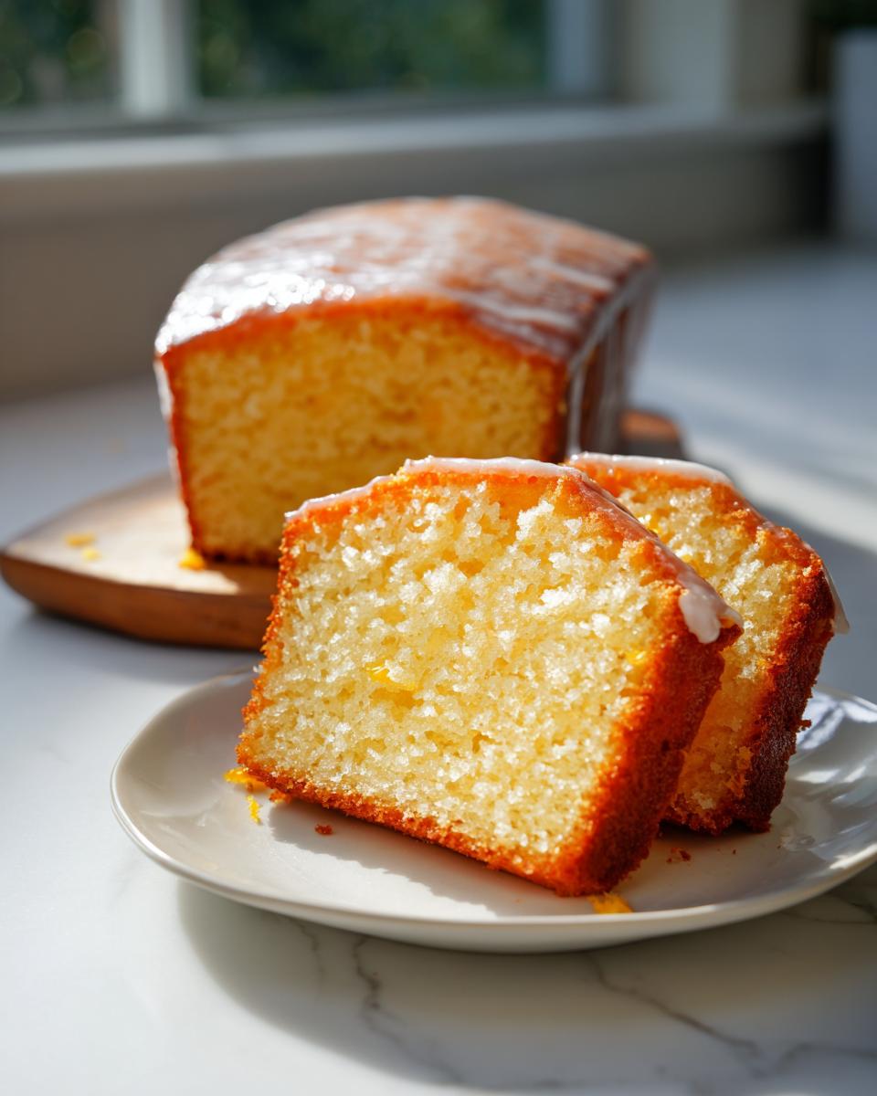Two moist slices of orange juice cake topped with a white glaze, resting on a plate in front of the loaf.