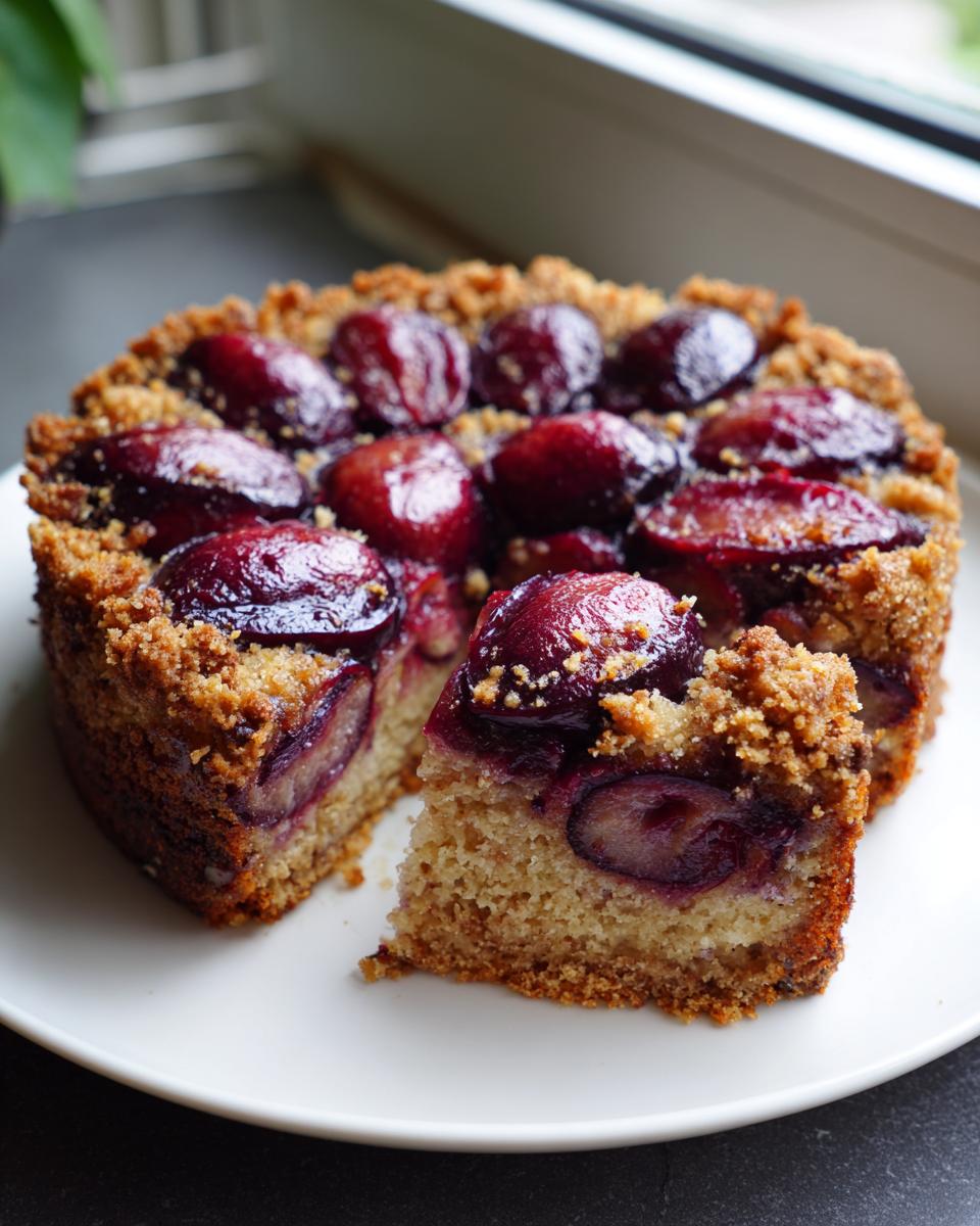 A moist 1-bowl plum cake with baked, caramelized plums and a crumb topping, served on a white plate.