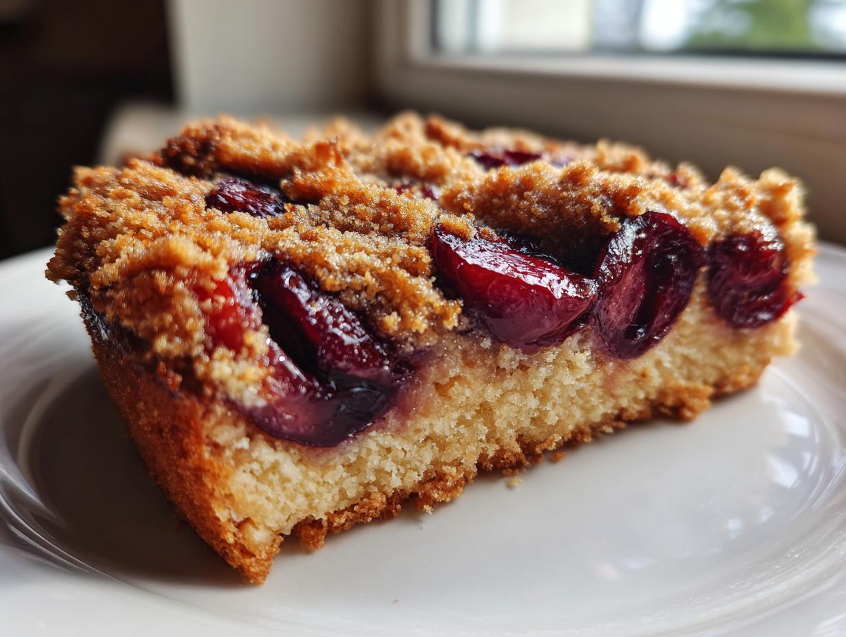 Close-up of a moist slice of plum cake topped with rich, dark fruit and a golden brown crumble.
