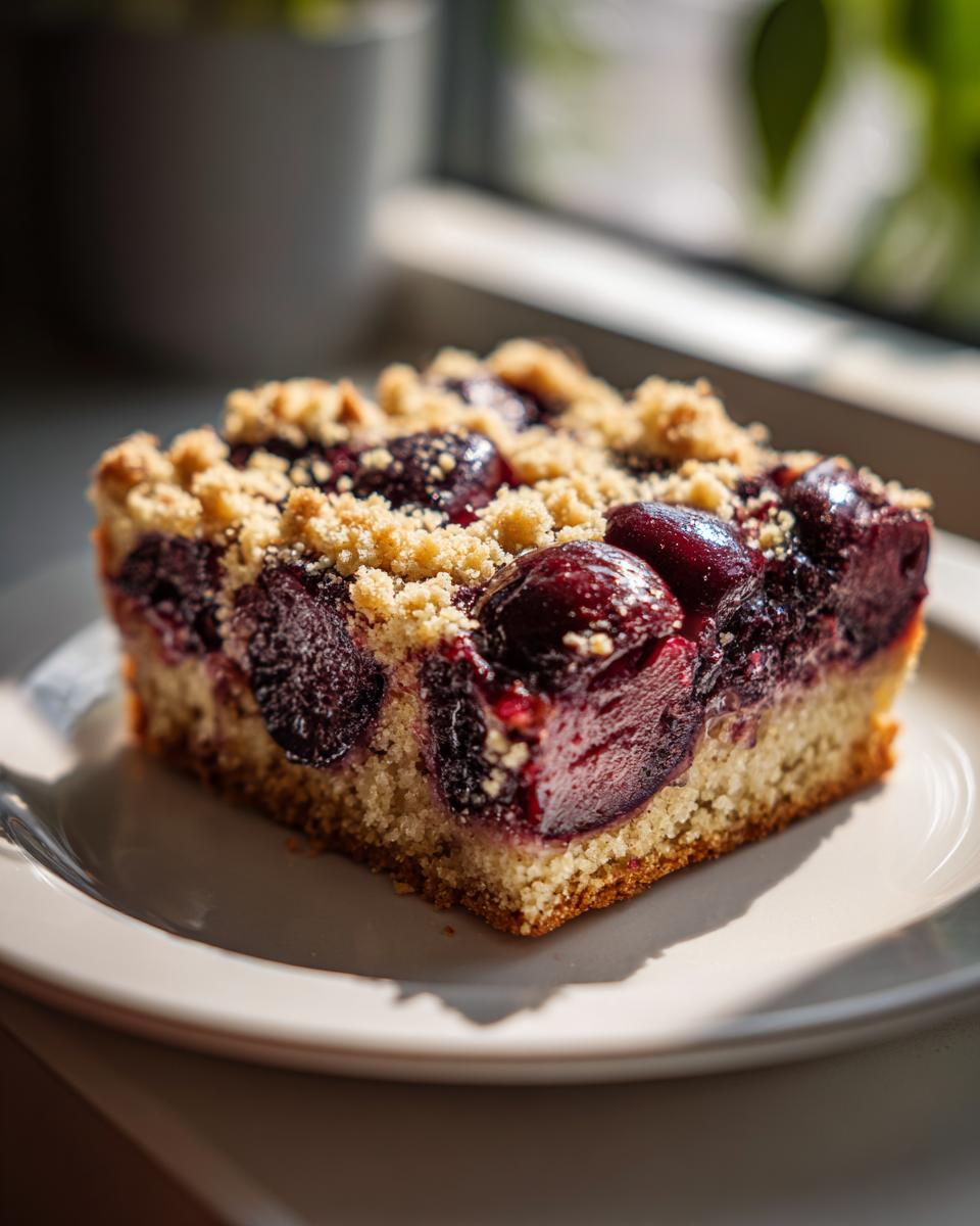 A square slice of moist plum cake with a rich, dark fruit topping and a crumbly streusel, served on a white plate.