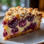 Close-up of a moist slice of plum cake featuring dark purple fruit baked into the batter and topped with a golden streusel crumble.