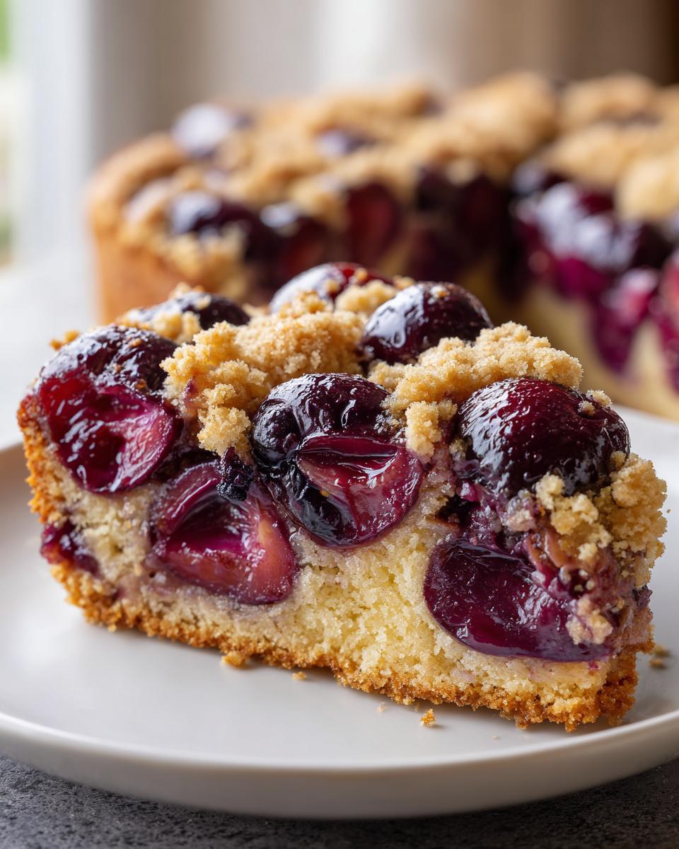 Close-up of a moist slice of plum cake featuring rich, dark fruit and a crumbly streusel topping.