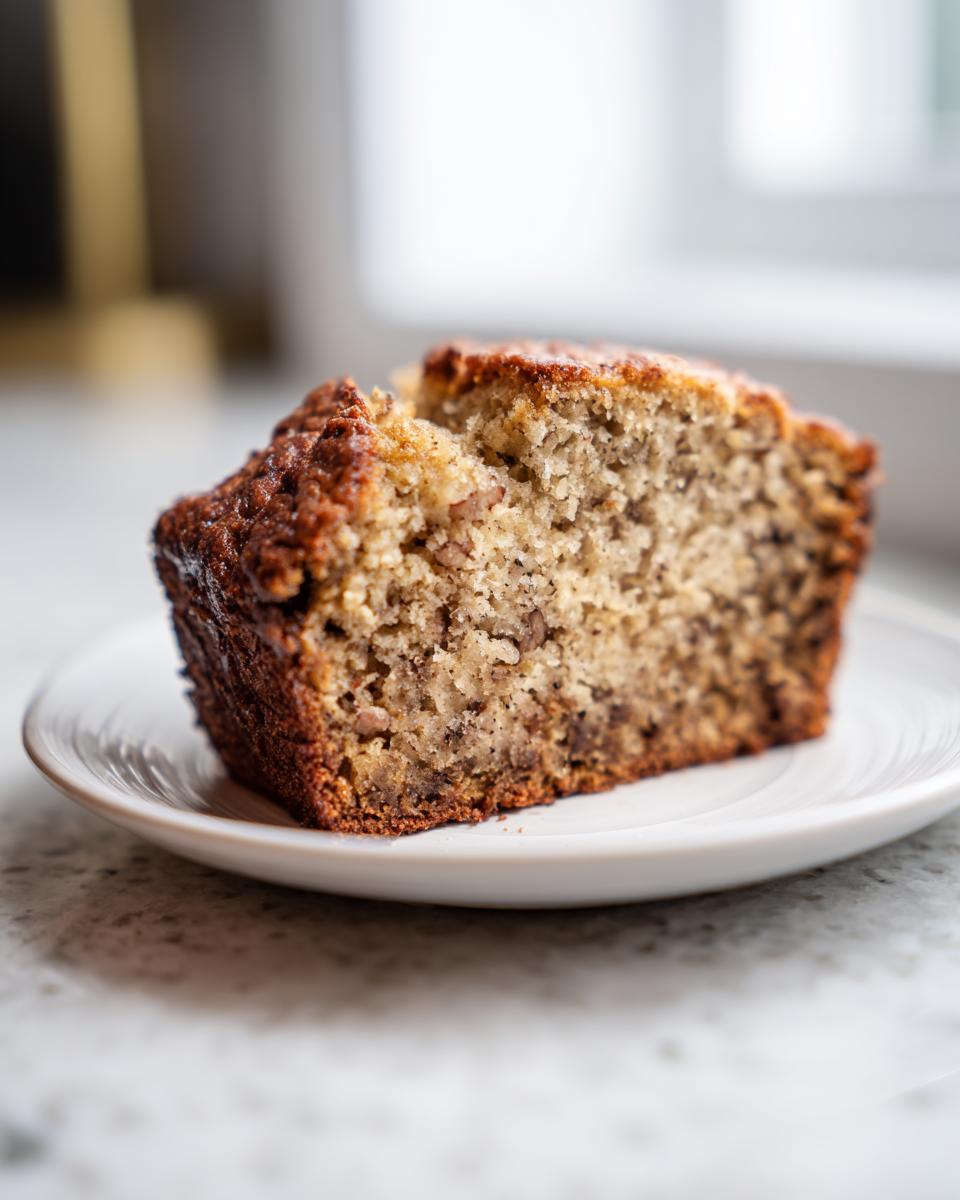 Close-up of a thick, moist slice of banana bread recipe with a dark, caramelized crust, served on a white plate.