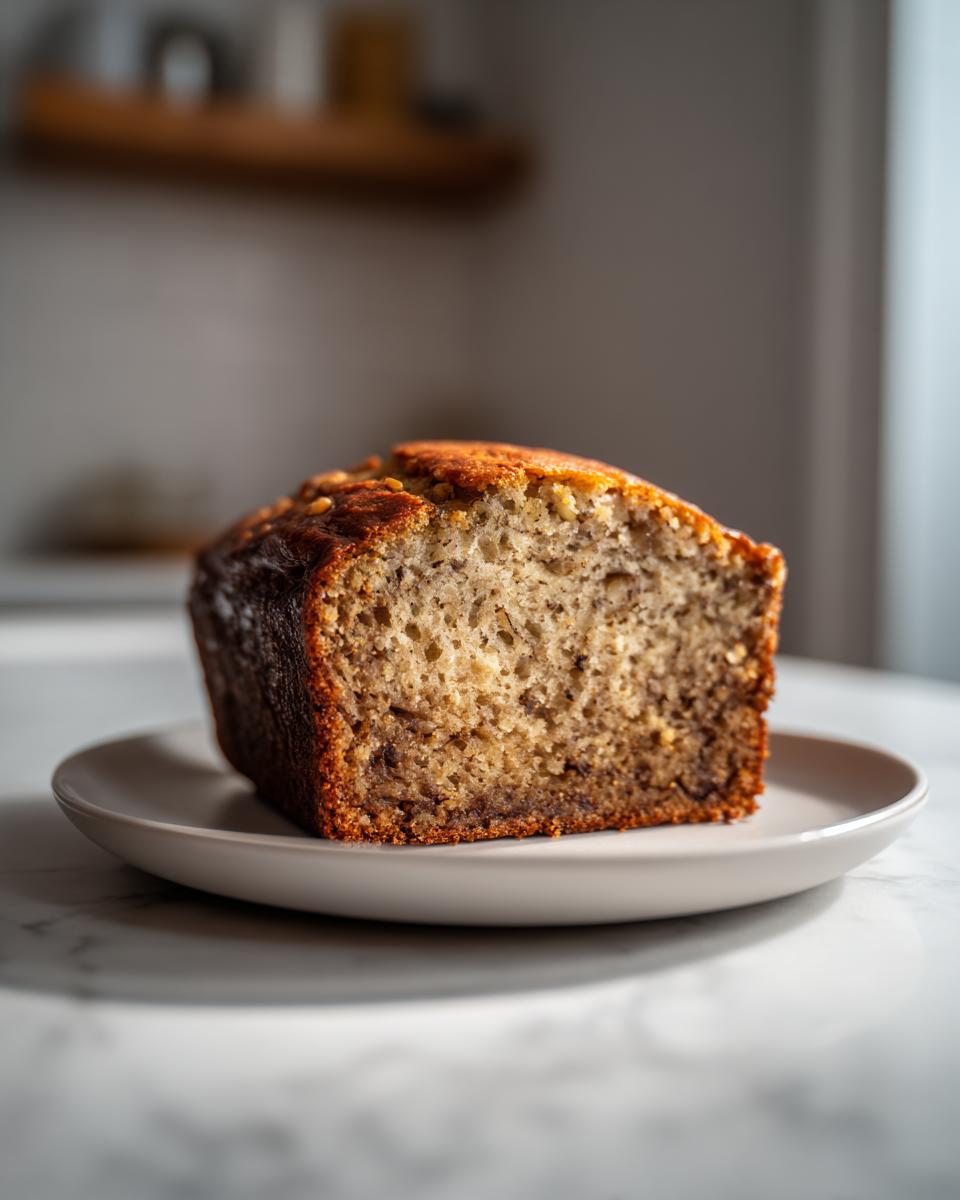A close-up of a thick slice of moist banana bread recipe, showing its texture and golden-brown crust.