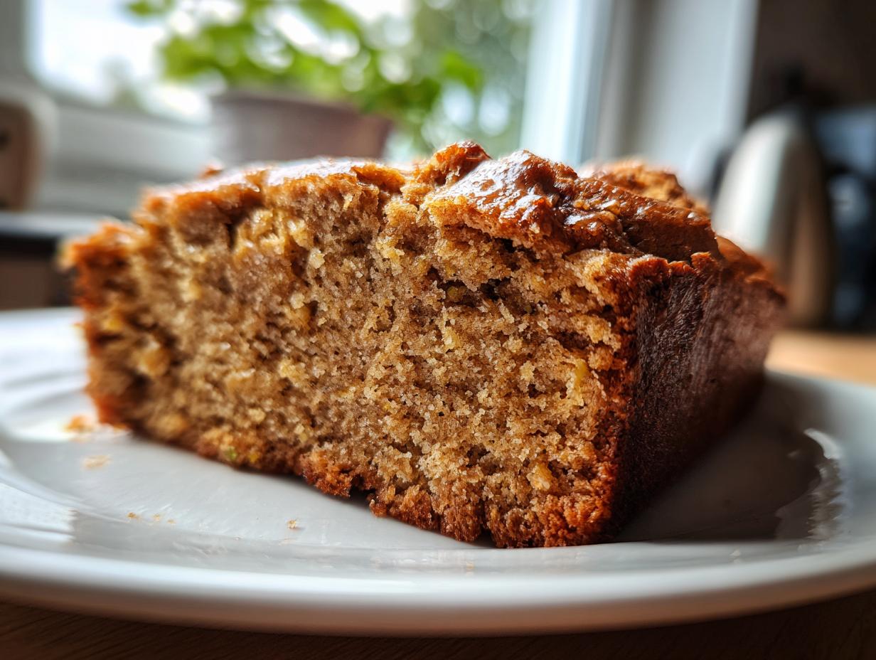 Close-up of a moist slice of banana zucchini bread on a white plate, showing its rich brown crumb.