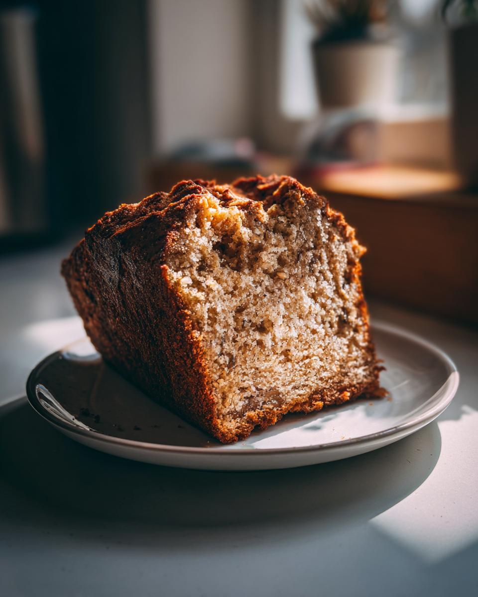 A thick slice of moist greek yogurt banana bread sitting on a small white plate, dramatically lit by sunlight.