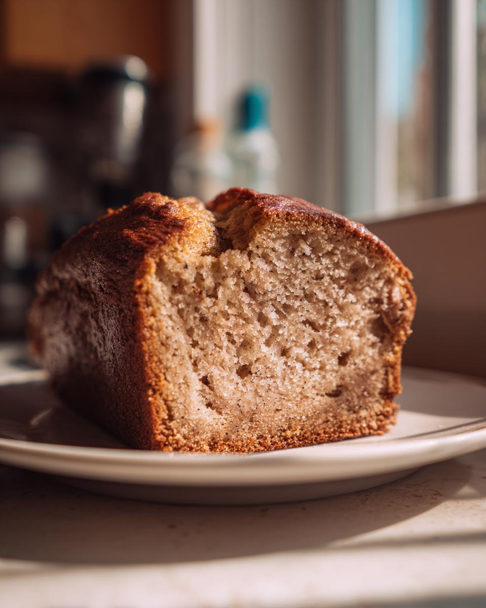 Close-up of a moist slice of greek yogurt banana bread showing its soft, light brown crumb texture.