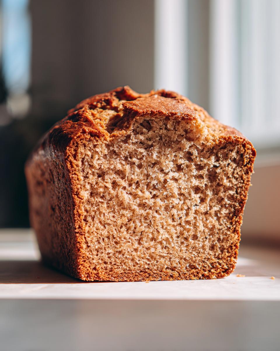 A close-up, cross-section view showing the moist, airy crumb texture of a freshly baked vegan banana bread loaf.