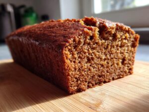 Close-up of a freshly baked, dark brown vegan banana bread loaf showing its moist, dense crumb texture.